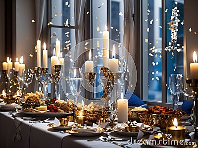 Blue and white Hanukkah banquet table, adorned with traditional symbols and elegance, interior view Stock Photo