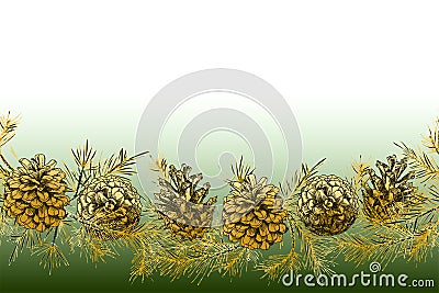 Festivev background template with seamless pattern realistic botanical ink sketch of fir tree branches with pine cone in Vector Illustration