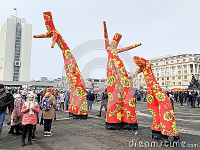 Vladivostok, Russia, March, 01,2020. Festivities on the square of fighters of the Revolution during the celebration of Maslenitsa Editorial Stock Photo