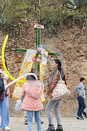 Festivity of the crosses for carnivals, several people dancing and local musicians, Shupluy, Ancash - Peru. February 2023 Editorial Stock Photo