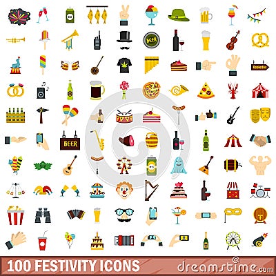 100 festivity icons set, flat style Vector Illustration