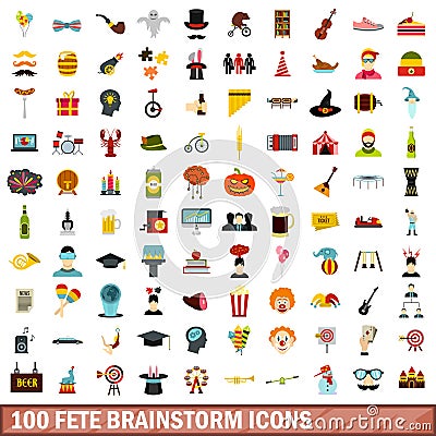 100 fete brainstorm icons set, flat style Vector Illustration