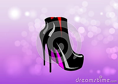 Fetish red and black shoes vector on pink blurred background. 3D woman boots on high heels Vector Illustration