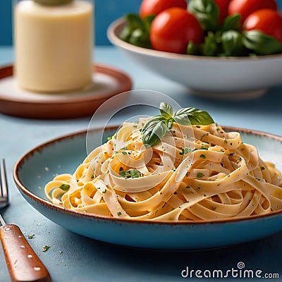 Fettuccine Alfredo pasta with cream sauce, traditional italian meal served on pastel blue plate Stock Photo