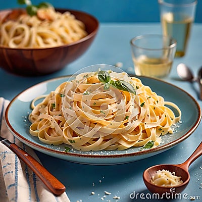 Fettuccine Alfredo pasta with cream sauce, traditional italian meal served on pastel blue plate Stock Photo