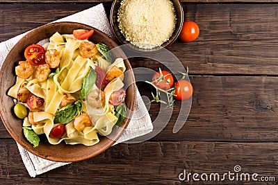 Fettuccine pasta with shrimp top view Stock Photo