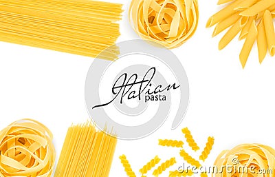 Fettuccine, spaghetti, penne, fusilli from durum wheat isolated on white background. Element for design Stock Photo