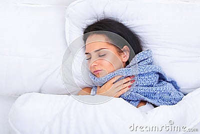 Fever And Cold. Portrait Of Beautiful Woman Caught Flu, Having H Stock Photo