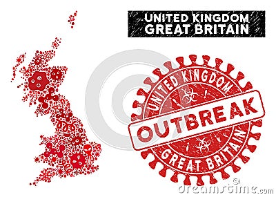Pathogen Collage Great Britain Map with Textured OUTBREAK Stamp Seal Vector Illustration