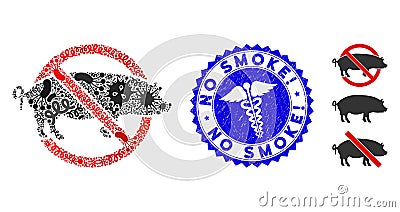 Viral Mosaic No Swine Icon with Serpents Distress No Smoke! Seal Vector Illustration