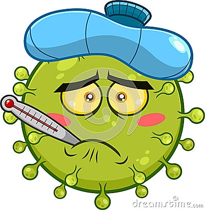 Feverish Sick Coronavirus COVID-19 Cartoon Emoji Character With Ice Pack Vector Illustration