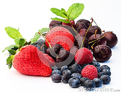 A few Fresh summer berries raspberry, cherry, blackberry, strawberry isolated on white background. Stock Photo