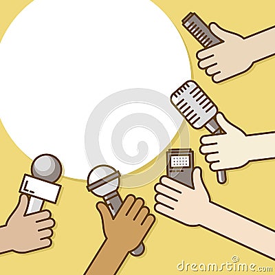 Few hands of journalists with microphones, tape recorder and smartphone. Journalism, live report or hot news, television Vector Illustration