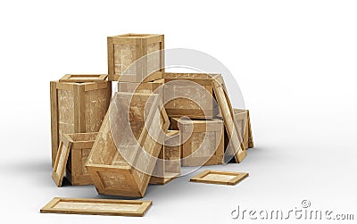 Few opened wood transport box with different size put in chaos on the floor Stock Photo