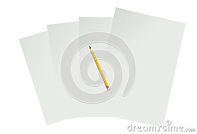 A few pieces of white gray blank papers stacked and a yellow pencil Cartoon Illustration