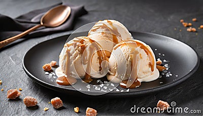 A few scoops of vanilla ice cream with caramel sauce, sprinkled with coarse salt Stock Photo