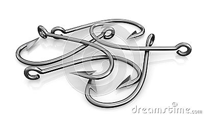 Few steel fishing hooks isolated Stock Photo