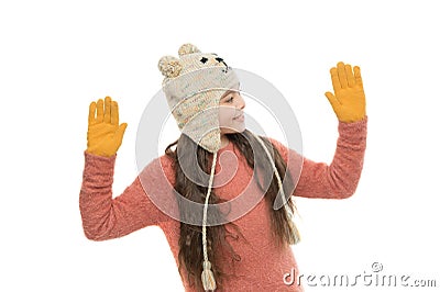 Few tips. warm apparel for cold weather. childhood happiness and joy. knitwear fashion. happy little girl loves winter Stock Photo