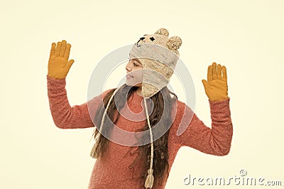 few tips. warm apparel for cold weather. childhood happiness and joy. knitwear fashion. happy little girl loves winter Stock Photo