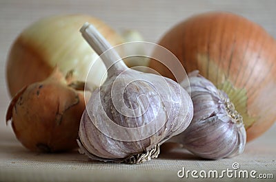 Garlic and bulbs on a light background Stock Photo