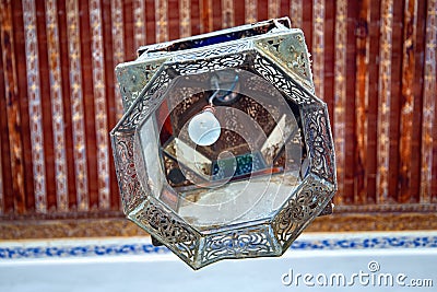 FEZ, MOROCCO - JUNE 02, 2017: Metal lantern in the Dar Batha. The former royal palace, was built by the Alaouite Sultan Hassan I Editorial Stock Photo