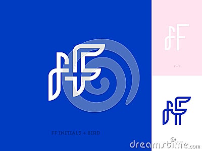 FF initial letters and bird. Flat line logo template or icon Vector Illustration