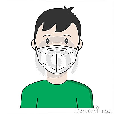 A person is wearing a white FFP2 or N95 non-valve protective face mask. Announcement, poster, sign, symbol. Stock Photo