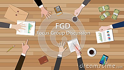 Fgd focus group discussion team work together on wood table Vector Illustration