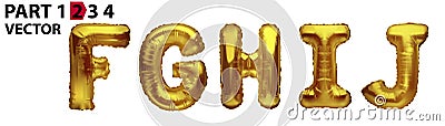 FGHI gold foil letter balloons on white background. Golden alphabet balloon logotype, icon. Metallic Gold FGHI Balloons. Text for Vector Illustration