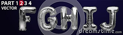 FGHI silver foil letter balloons on dark background. Silver alphabet balloon logotype, icon. Metallic Silver FGHI Balloons. Text Vector Illustration