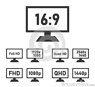FHD and QHD specifications icon set, full hd and quad hd display features Vector Illustration