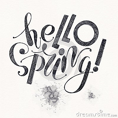 Fhrase `Hello spring!` Drawing ink isolated on background Stock Photo