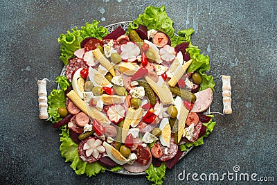 Fiambre, salad of Guatemala, Mexico and Latin America, served on large plate top view. Festive dish for All Stock Photo