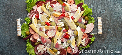 Fiambre, salad of Guatemala, Mexico and Latin America, served on large plate top view. Festive dish for All Stock Photo