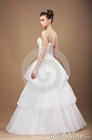 Fiancee in Long Classic Bridal Dress Stock Photo