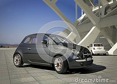 Fiat 500 city car, outside of modern industrial building environment. Stock Photo