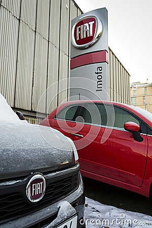 Fiat company logo on car in front of dealership on January 20, 2017 in Prague, Czech republic Editorial Stock Photo