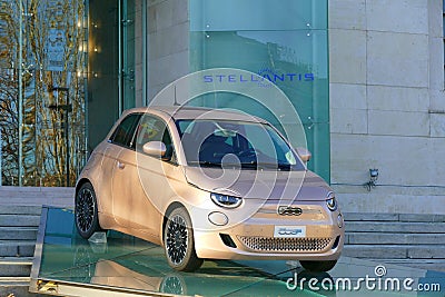 Fiat 500e full electric citycar on display at Stellantis italian headquarters Editorial Stock Photo