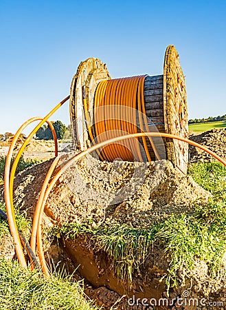 Fiber optic cable roll for broadband internet Stock Photo