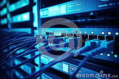 Fiber Optic cables connected to an optic ports in data center, Network cables connected into switches. Ethernet router in data Stock Photo