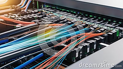 Fiber optic connections showcase dynamic signal flow and vibrant data streams, highlighting complexity of high tech infrastructure Stock Photo