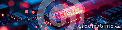 Fiber optic strands illuminated, plugged into computer components, data, data transfer, glowing fibers Stock Photo