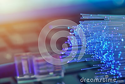 Fiber optics in blue, close up with ethernet and keyboard background, warm lens flare Stock Photo