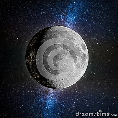 Fiction of inhabited Moon on space background Stock Photo