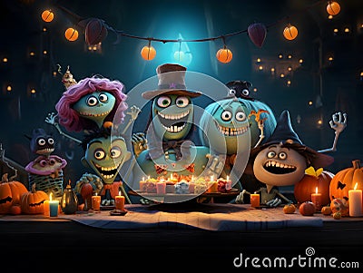 A fictional cartoon celebrating Halloween with yellow hanging lights and pumpkins. Stock Photo