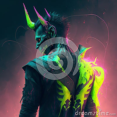 Devil creature in abstract neon paint splash. Ai generated. Stock Photo