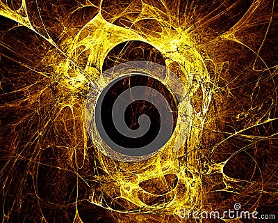 Fictional energy discharge, lava explosion, plasma or black hole in golden representation. Stock Photo