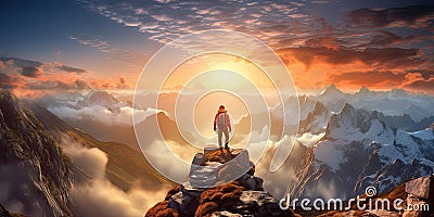 Fictional Hiker stands at the summit of a difficult mountain climb to be greeted with a beautiful view of the sunrise Stock Photo