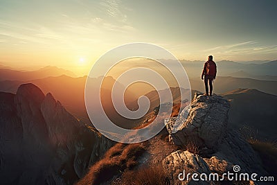 Fictional Hiker stands at the summit of a mountain. sunset in the mountains. Generative AI Stock Photo