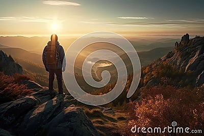 Fictional Hiker stands at the summit of a mountain. sunset in the mountains. Generative AI Stock Photo